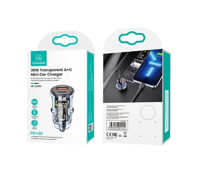 Автомобільний зарядний пристрій Usams US-CC164 C32 30W Transparent A+C Mini