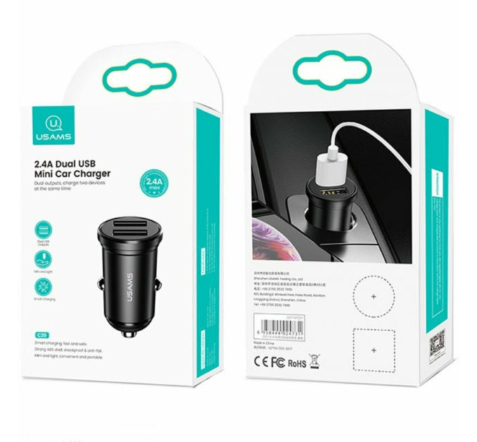 Автомобільний зарядний пристрій Usams US-CC114 C20 2.4A Dual USB Mini Black
