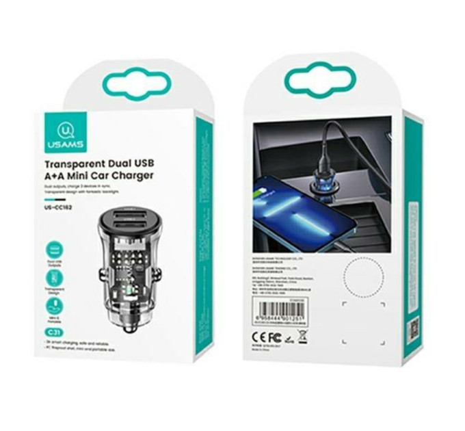 Автомобільний зарядний пристрій Usams US-CC162 C31 15W Transparent Dual USB A+A Mini Car Charger