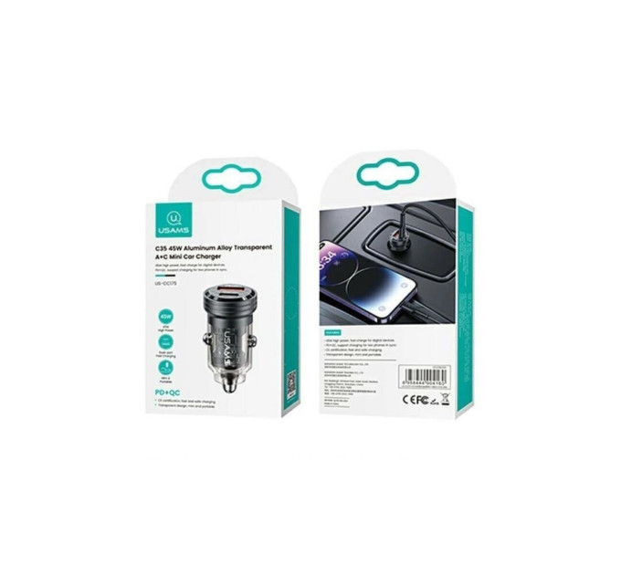 Автомобільний зарядний пристрій Usams US-CC175 C35 45W Aluminum Alloy Transparent A+C Mini