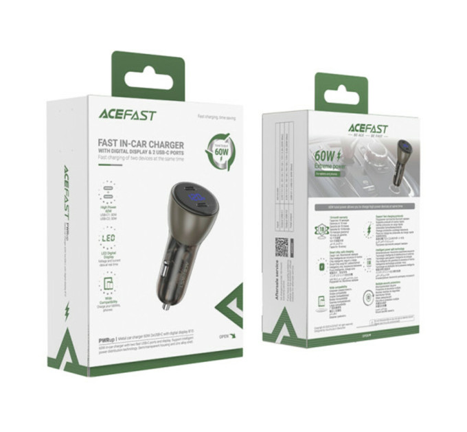 Автомобільний зарядний пристрій ACEFAST B10 metal 60W (USB-C + USB-C) Black