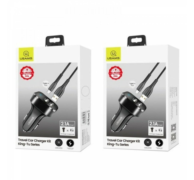 Автомобільний зарядний пристрій  Usams Travel Car Charger Kit King Tu Series(U35 Type-C Cable 1M + C13 Dual USB Car Charger)Black