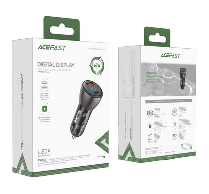 Автомобільний зарядний пристрій ACEFAST B6 metal 63W (USB-A+USB-C) with digital display