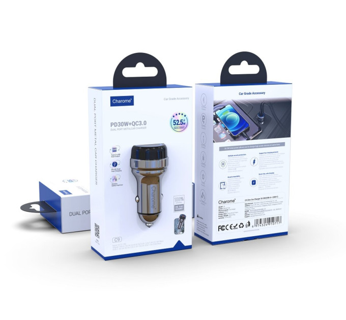 Автомобільний зарядний пристрій CHAROME C9 Zinc Car Charger 52.5W(USB-A+USB-C) Metal Grey