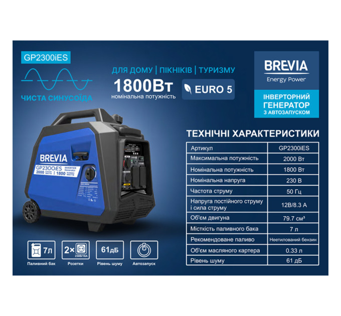 Генератор Brevia GP2300iES інверторний бензиновий 2,0кВт (ном 1,8кВт) з електростартером 