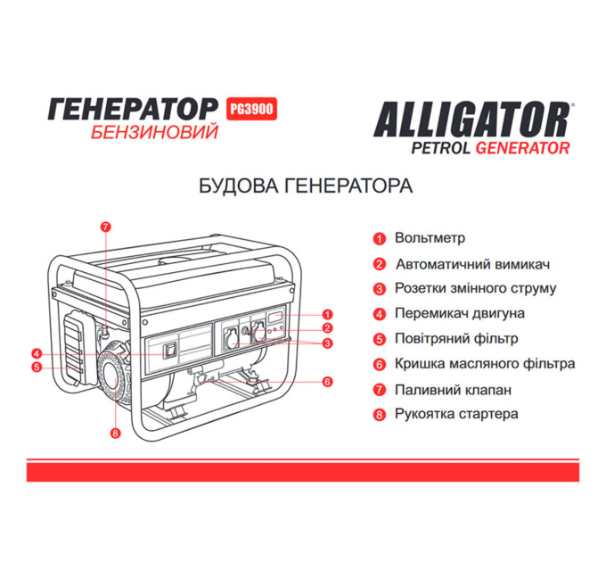 Генератор Alligator PG3900 бензиновий 3,0кВт (ном 2,8кВт)