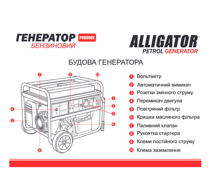 Генератор Alligator PG8000E бензиновий 6,5кВт (ном 6,0кВт) з електростартером