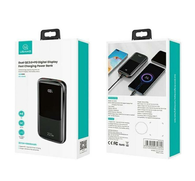 Повербанк Usams US-CD161 PB58 Dual QC3.0+PD 10000 mAh Black