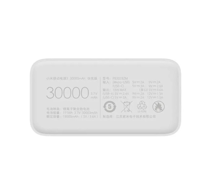 Повербанк Xiaomi Mi Power Bank 3 30000mAh 24W Fast Charge White