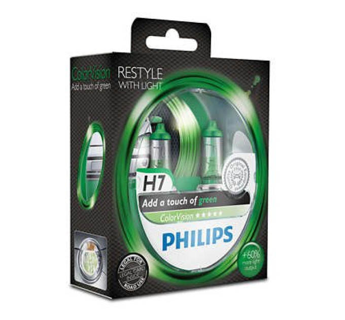 Комплект галогенних ламп Philips ColorVision Green 12972CVPGS2 H7 3350K
